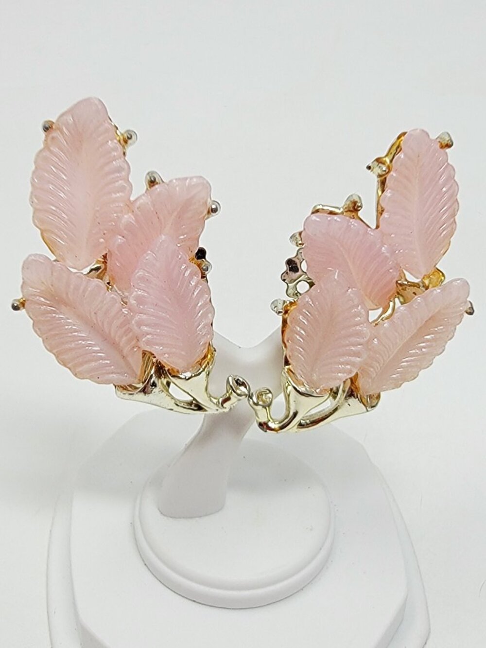 Vintage Carved Pink Plastic Leaf Clip On Earrings Gold Tone
